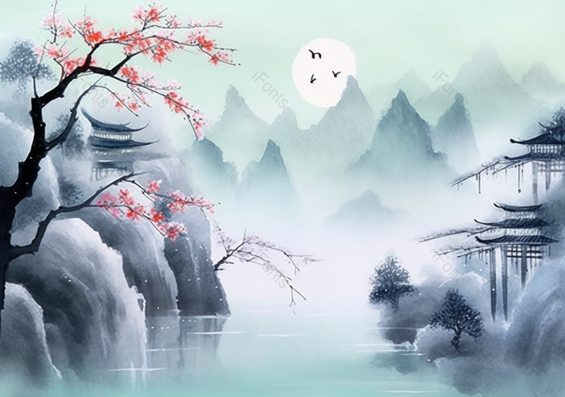 手绘国风意境红色的梅花盛开古风建筑山水风景文艺插画,插画/手绘图,插画/手绘图库,插画/手绘图下载,插画/手绘